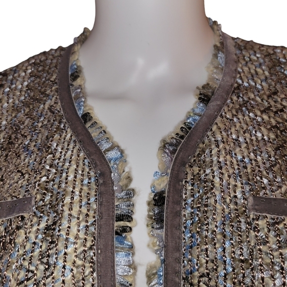 Liz Claiborne Studio Jacket Weaved L Brown Tan Blue - Picture 2 of 4